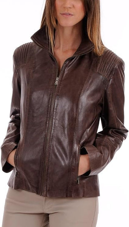 Women's Biker Brown Lambskin Leather Jacket - Racer Real Leather Slim fit for women-Leather Planet