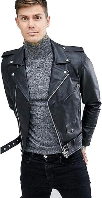 Men's Black Motorcycle Biker Rider Lambskin Leather Jacket - 100% Real Retro Slim Fit Outerwear Jacket-Leather Planet