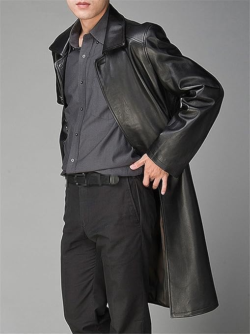 Men's Black Formal Trench Leather Coat - Real OverCoat Single Breasted Leather Coat-Leather Planet