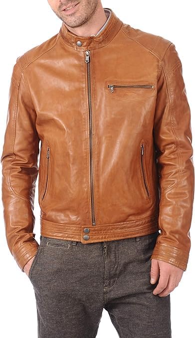 Men's Camel Color Motor Cycle Leather Outerwear - Original Sheep Slim Fit Jacket Men-Leather Planet