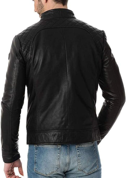 Men's Black Quilted Leather Jacket - Leather Black Racer Jacket - Racing Gift Outerwear-Leather Planet