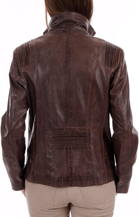 Women's Biker Brown Lambskin Leather Jacket - Racer Real Leather Slim fit for women-Leather Planet