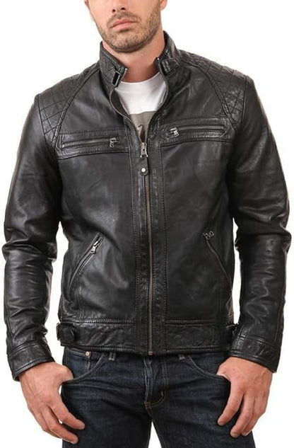 Men's Black Biker Lambskin 100% Genuine Racer Slim Jacket For Men's - Padded Distressed Sheepskin Leather Racer Jacket-Leather Planet