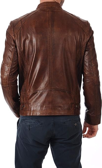 Men's Antique Brown Biker Leather Jacket - Slim Fit Double Zipper Jacket For Men Gift