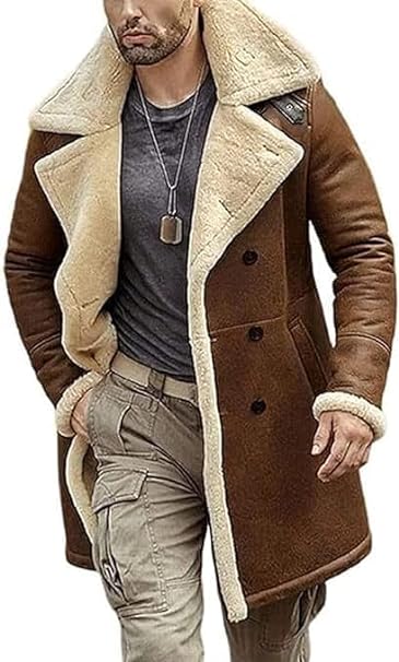 Shearling Brown Leather Genuine Sheepskin Leather Coat Faux Fur B3 Bomber Leather Coat Aviator Coat Men-Leather Planet