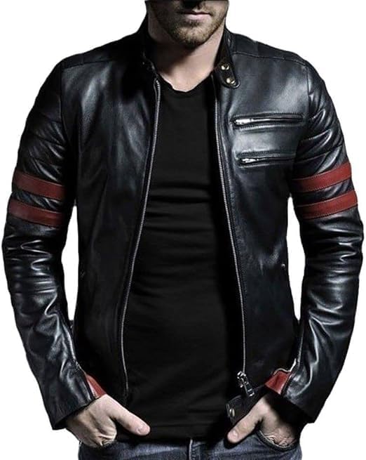 Men's Black Moto Biker Leather Jacket - Genuine Lambskin Leather Red Stripes Racer Jacket For Men