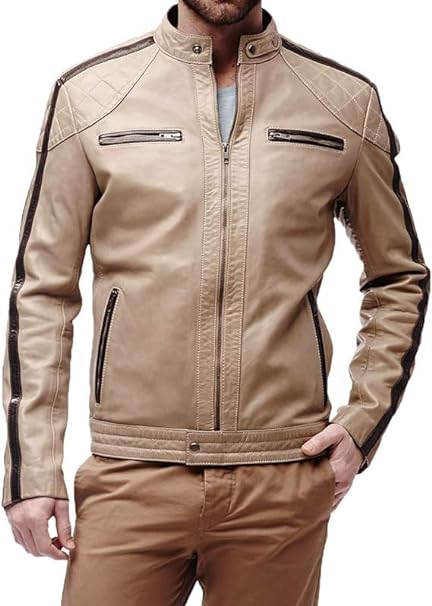 Men's Beige Motorcycle Biker Leather Jacket - Real Vintage Quilted Slim Fit Leather jacket Beige Men