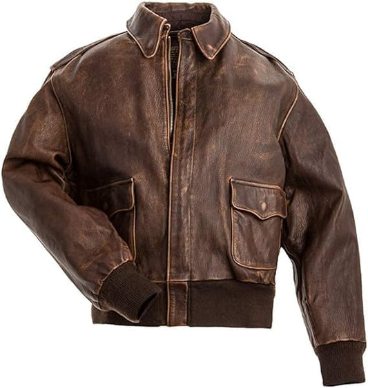 Men’s A-2 Aviator Air Pilot Force Leather Jacket- Aviator A2 Flight Bomber Jacket - Distressed Brown Leather Jacket Men-Leather Planet