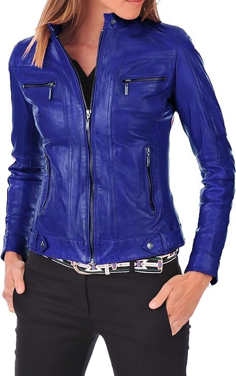 Women's Blue royal Bomber Biker Motorcycle Lambskin Jacket - Racer Real leather Zipper Closure-Leather Planet