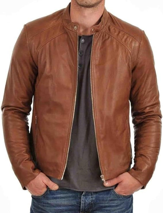 Men's Brown Lambskin Leather Slim Fit Jacket - Motorcycle Men Brown Real Leather Jacket-Leather Planet