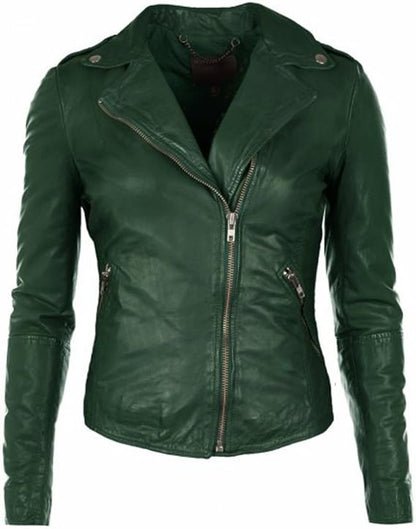 Women's Green Moto Biker Leather Jacket - Real Lambskin Leather Moto Racer Jacket Ladies-Leather Planet