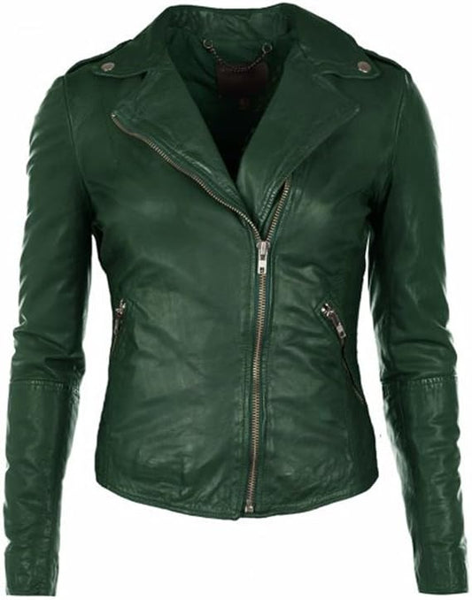 Women Green Biker Casual Slim Fit Semi Formal Motorcycle Leather Jacket