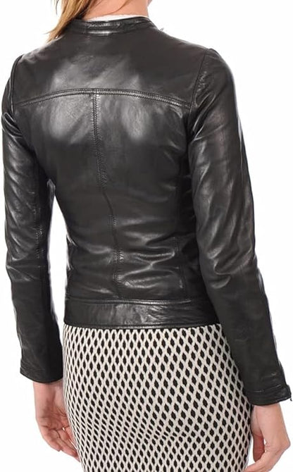 Women's Black Fit Biker Leather Zip Jacket - Soft Lambskin Racing Leather Jacekt for Women-Leather Planet