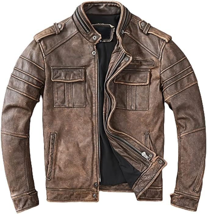 Men's Brown Distressed Leather Jacket - Genuine Vintage Leather Moto Racer Leather Jacket Men-Leather Planet