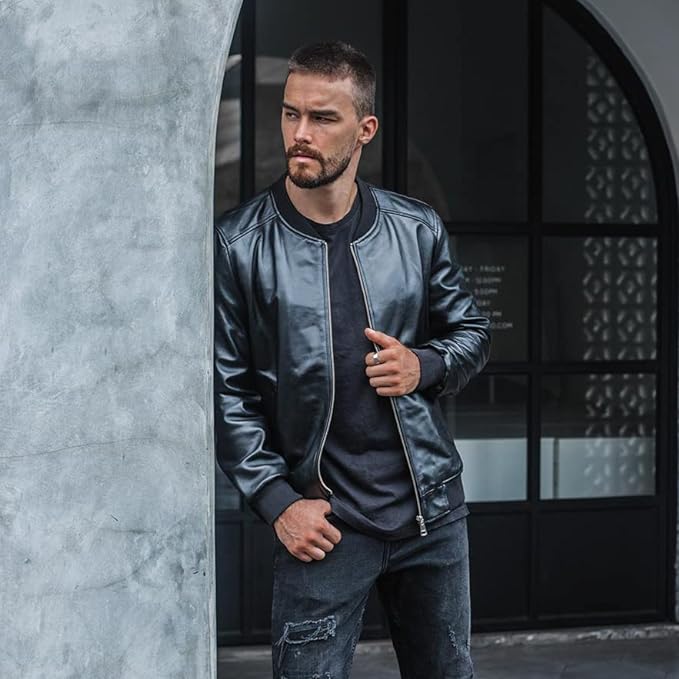 Men's Black Moto Racer Leather Jacket - Original Bomber Pilot Sheepskin Ribbed Leather Jacket-Leather Planet