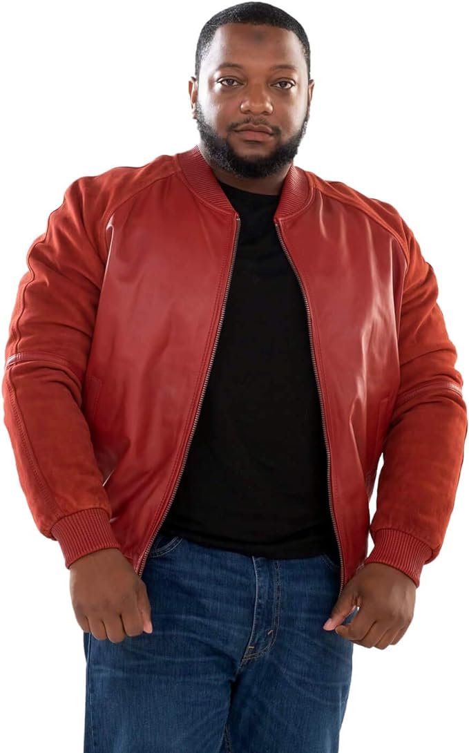 Men's Red Suede Sleeves Leather Jacket - Genuine Lambskin Bomber Spring Jacket For Men-Leather Planet