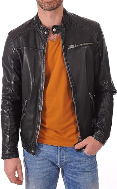 Men's Black Moto Racer Leather Jacket - Real Sheepskin Slim Fit Leather Jacket Men
