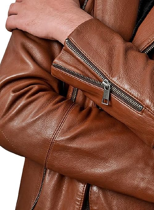 Men's Brown Motorcycle Biker Leather Jacket - Real Sheepskin Leather Belted Slim Fit Jacket Men-Leather Planet