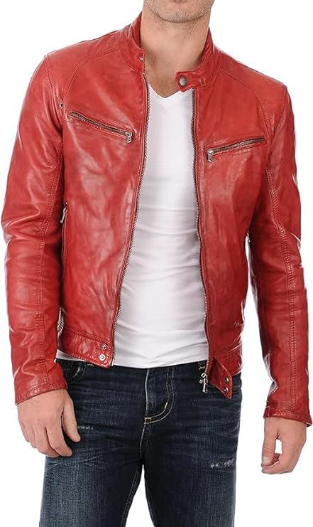 Men's Red Moto Riding Leather Jacket - Real Sheepskin Leather Casual Jacket Men-Leather Planet