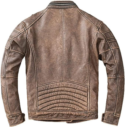 Men's Brown Distressed Leather Jacket - Genuine Vintage Leather Moto Racer Leather Jacket Men-Leather Planet