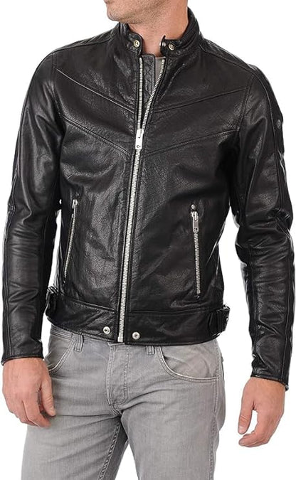 Men's Black Moto Riding Leather Jacket - Real Winter Wear Biker Leather jacket Men-Leather Planet