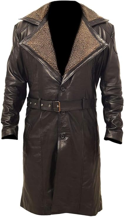 Men's Brown Trench German Faux Fur Winter Coat - Real WW2 Cowhide Leather Belted Coat-Leather Planet