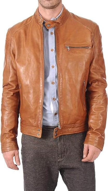 Men's Camel Color Motor Cycle Leather Outerwear - Original Sheep Slim Fit Jacket Men-Leather Planet