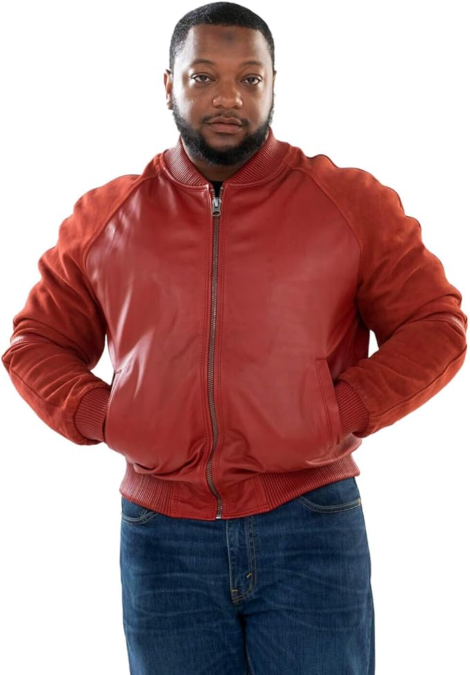 Men's Red Suede Sleeves Leather Jacket - Genuine Lambskin Bomber Spring Jacket For Men-Leather Planet