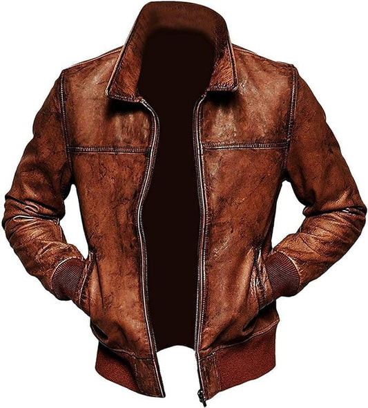 Men's Brown Distressed Leather Jacket - Real Vintage Slim Fit Leather Jacket Men-Leather Planet