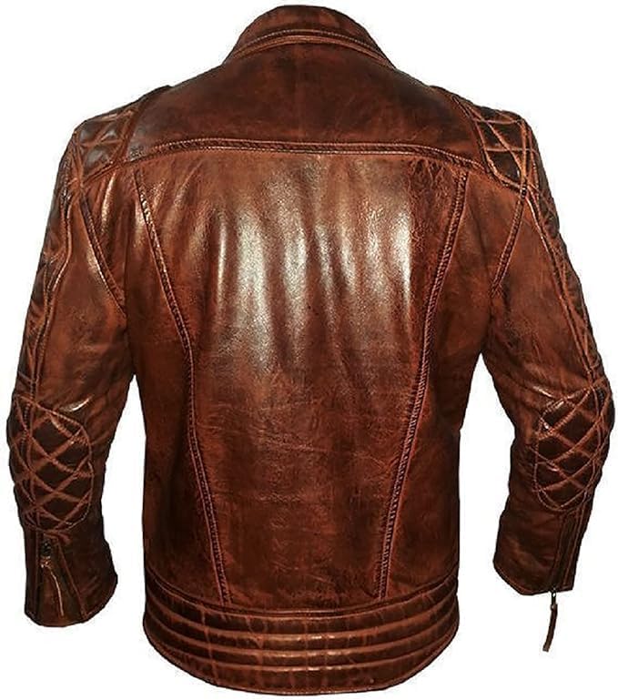 Men's Brown Quilted Leather Jacket - Real Sheepskin Leather Moto Biker Leather Jacket Men-Leather Planet