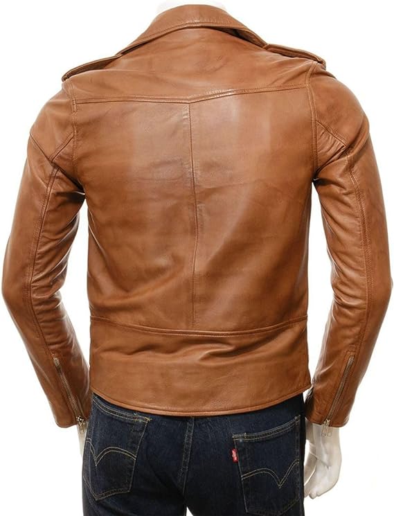 Men's Tan Brown Motorcycle Brando Leather Jacket - Real Marlon Slim Fit Racer Leather Brown Jacket Men-Leather Planet