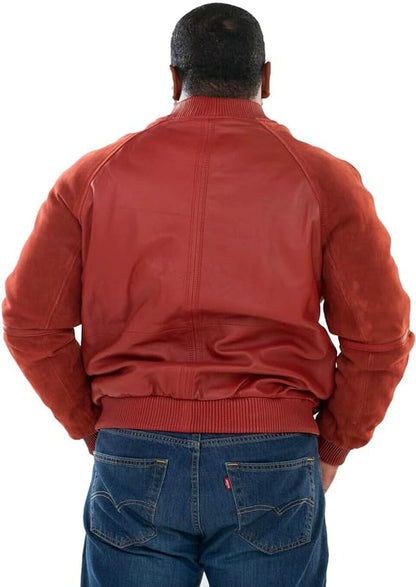 Men's Red Suede Sleeves Leather Jacket - Genuine Lambskin Bomber Spring Jacket For Men-Leather Planet