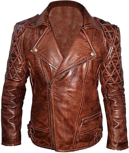 Men's Brown Quilted Leather Jacket - Real Sheepskin Leather Moto Biker Leather Jacket Men-Leather Planet