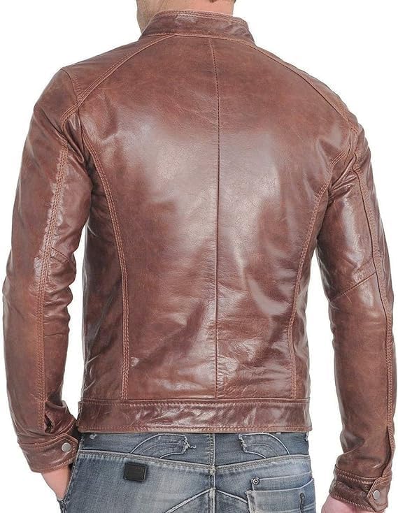 Men's Brown Motocycle Racer Leather Jacket - Real Bomber Biker Slim Fit Leather Jacket Men-Leather Planet