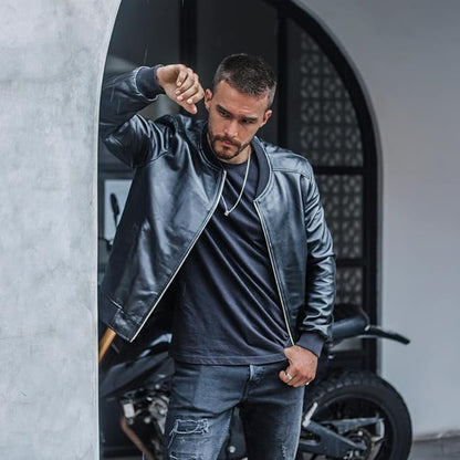 Men's Black Moto Racer Leather Jacket - Original Bomber Pilot Sheepskin Ribbed Leather Jacket-Leather Planet