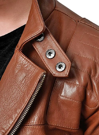 Men's Brown Motorcycle Biker Leather Jacket - Real Sheepskin Leather Belted Slim Fit Jacket Men-Leather Planet