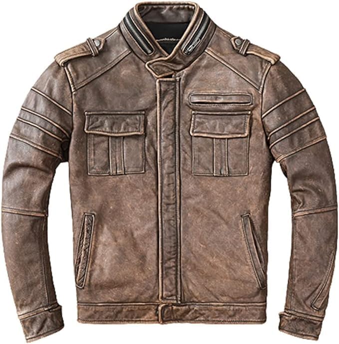 Men's Brown Distressed Leather Jacket - Genuine Vintage Leather Moto Racer Leather Jacket Men-Leather Planet