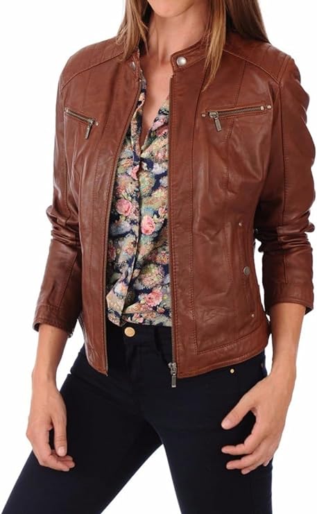 Women's Brown Lambskin Leather Jacket - Motorcycle Biker Real Slim Fit Leather Women-Leather Planet