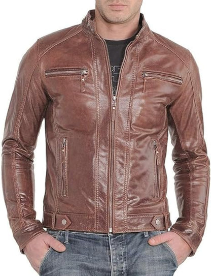 Men's Brown Motocycle Racer Leather Jacket - Real Bomber Biker Slim Fit Leather Jacket Men-Leather Planet