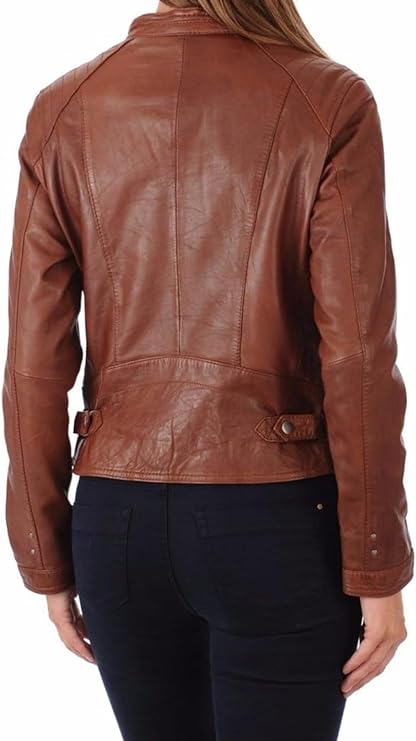 Women's Brown Lambskin Leather Jacket - Motorcycle Biker Real Slim Fit Leather Women-Leather Planet