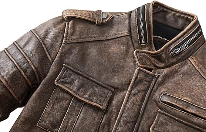 Men's Brown Distressed Leather Jacket - Genuine Vintage Leather Moto Racer Leather Jacket Men-Leather Planet