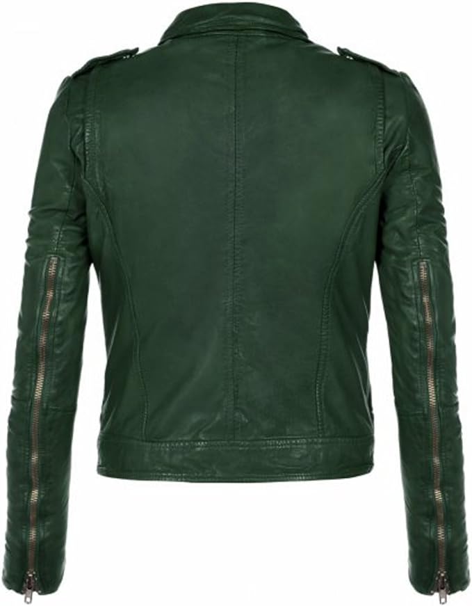 Women's Green Moto Biker Leather Jacket - Real Lambskin Leather Moto Racer Jacket Ladies-Leather Planet