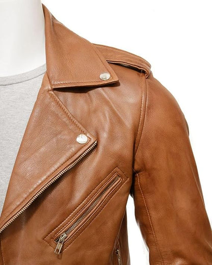 Men's Tan Brown Motorcycle Brando Leather Jacket - Real Marlon Slim Fit Racer Leather Brown Jacket Men-Leather Planet