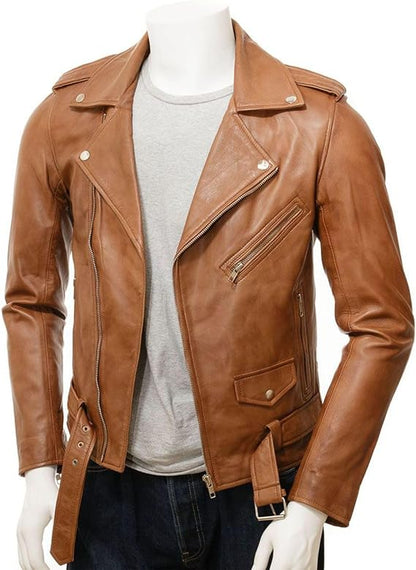 Men's Tan Brown Motorcycle Brando Leather Jacket - Real Marlon Slim Fit Racer Leather Brown Jacket Men-Leather Planet