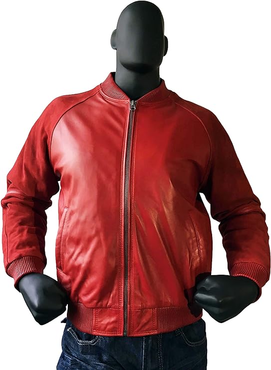 Men's Red Suede Sleeves Leather Jacket - Genuine Lambskin Bomber Spring Jacket For Men-Leather Planet