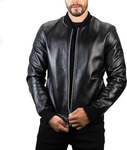 Men's Black Moto Racer Leather Jacket - Original Bomber Pilot Sheepskin Ribbed Leather Jacket-Leather Planet