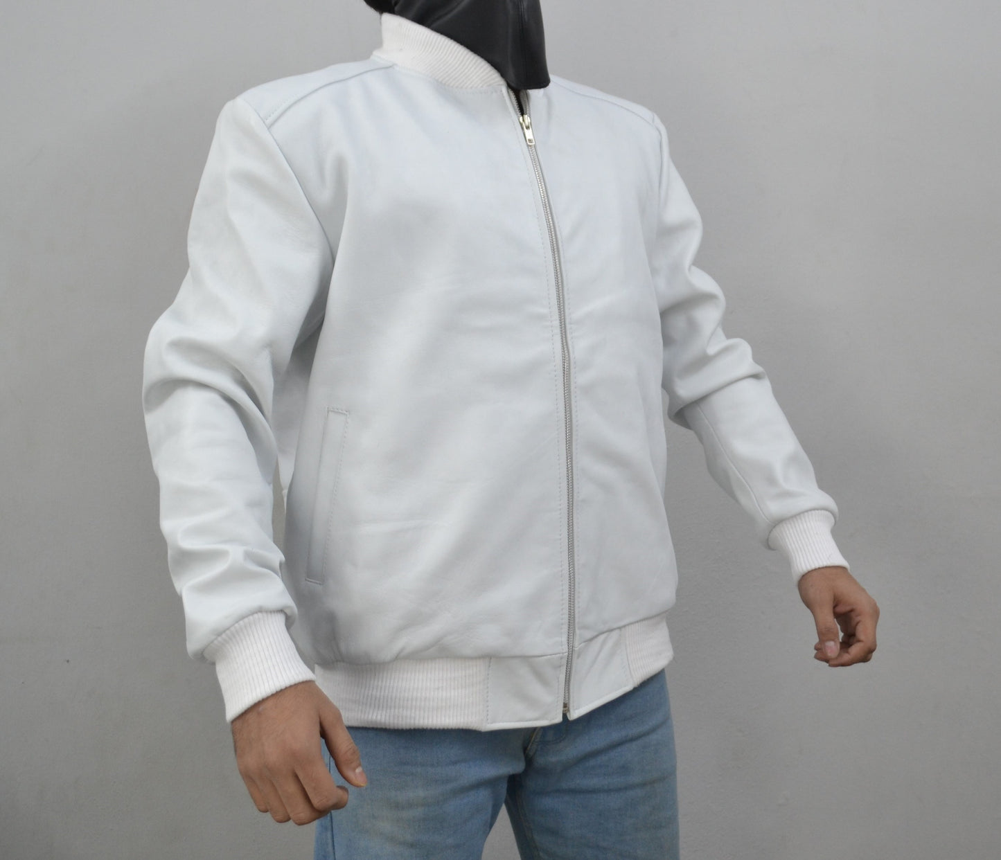 Men's Real Lambskin Bomber Leather Jacket - White-Leather Planet