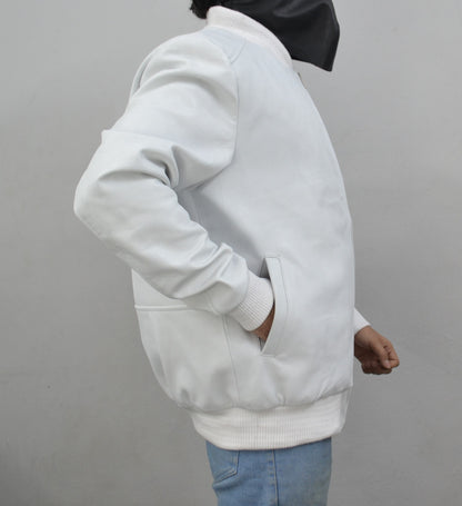 Men's Real Lambskin Bomber Leather Jacket - White-Leather Planet