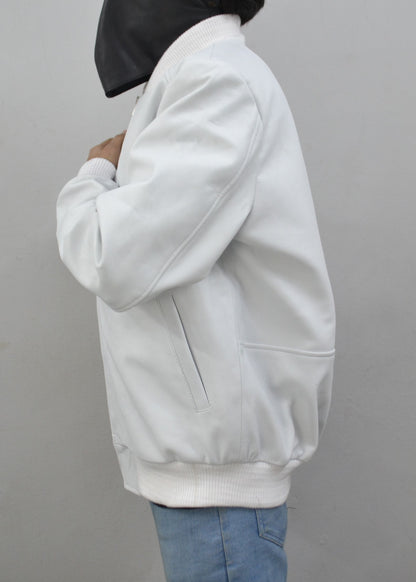 Men's Real Lambskin Bomber Leather Jacket - White-Leather Planet