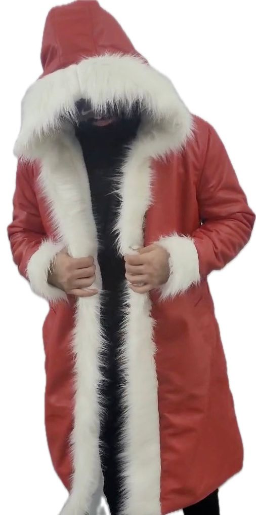 Men's Red Christmas Santa Claus Kurt Long Trench Coat - Real Sheepskin Faux Fur Chronicles Shearling Russell Leather Coat